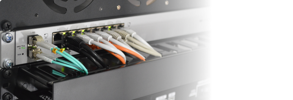 Network cables connected to Ethernet port of a powered switch in server rack.